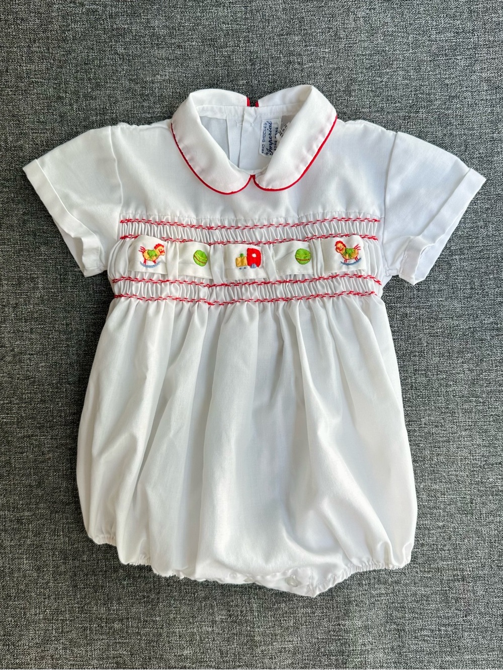 Vintage Hand Smocked By Imperial Baby Romper Bubble Rocking Horse White Red S 6M